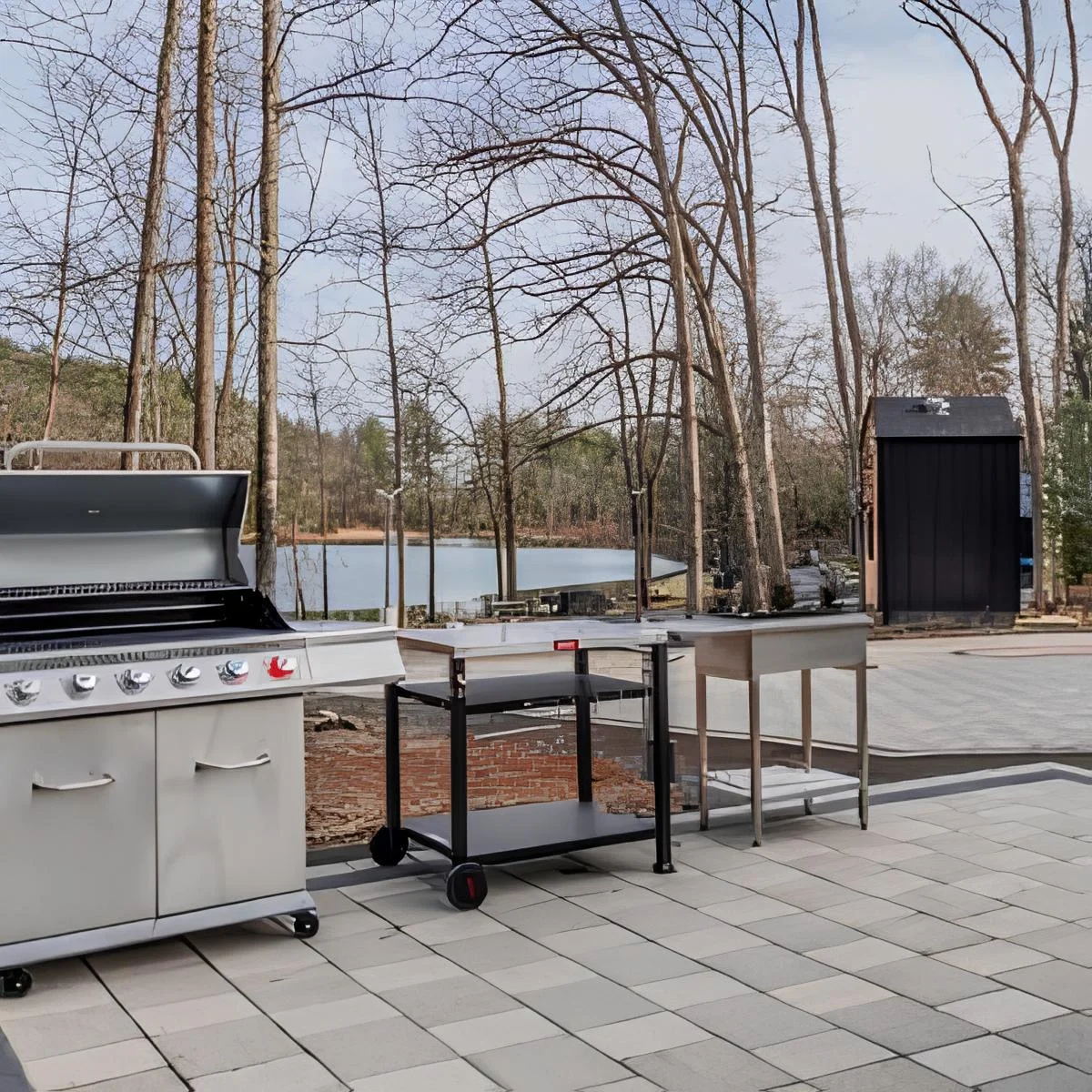 Image of residential outdoor grilling area using Akoya concrete cobble pavers.